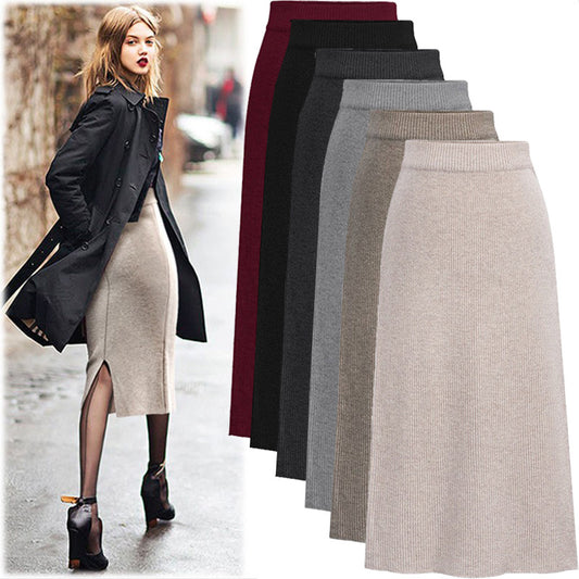 Women's High-Waisted Wool Midi Skirt